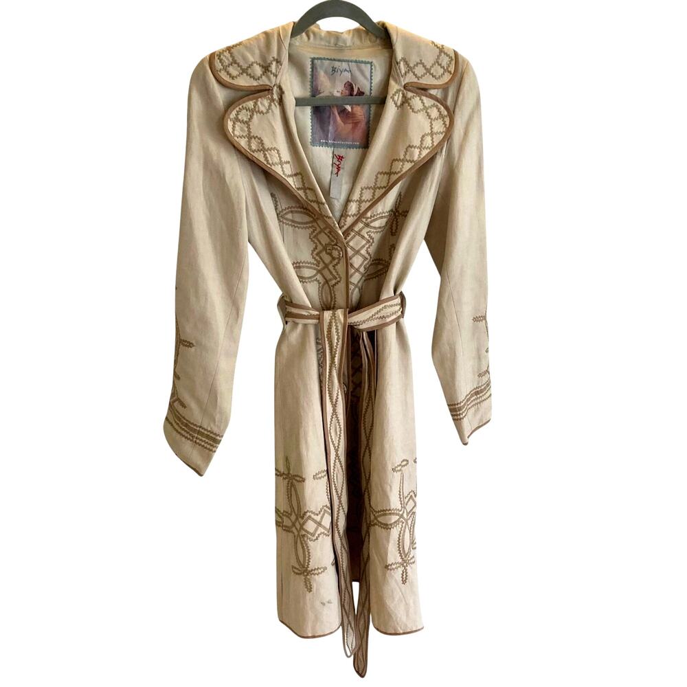 iya Collection Silk Linen Blend Embroidered Belted Coat Jacket Size S